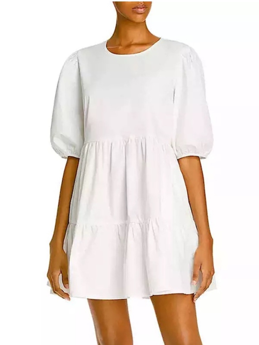 Aqua White Puff-Sleeve Tiered Mini Dress